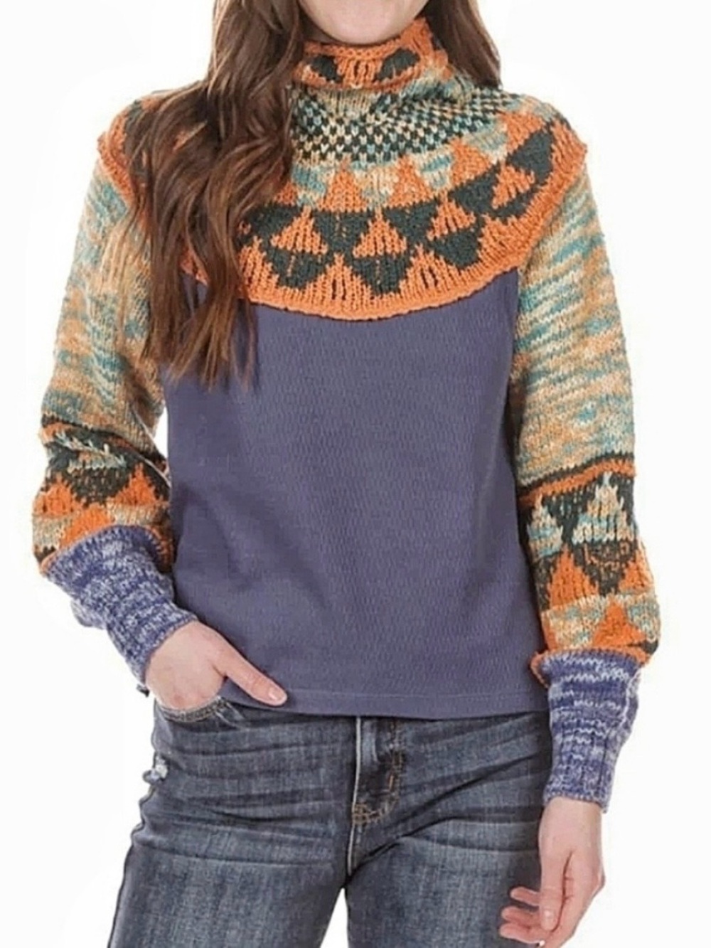 Free People Suit The Small Stuff Sweater Fair Isle Mixed Knit Balloon Sleeves M